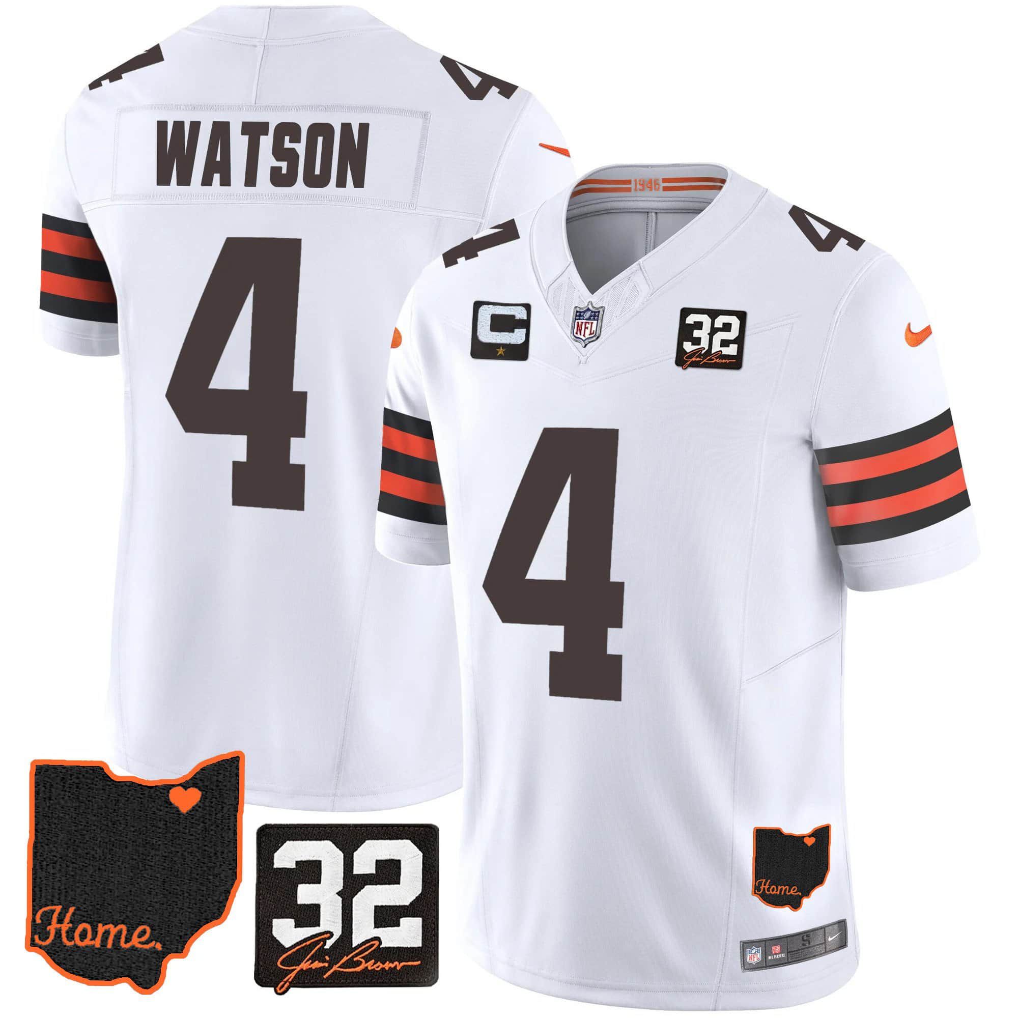 Men Cleveland Browns #4 Watson White Memorial Home Patch 2024 Nike NFL Jersey